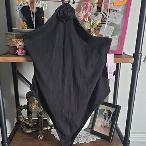 Wild Fable Black Halter Bodysuit with Floral Accent